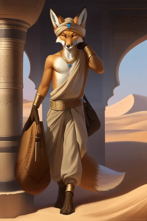 ((masterpiece, best quality, ultra detailed)), ((furry, anthro)), ((arabian, dark fantasy)), ((male, boy)), ((male fox)). His light brown fur, the color of desert sand, is patchy with burn marks.

Large ears are perpetually attuned to the surroundings, whi...