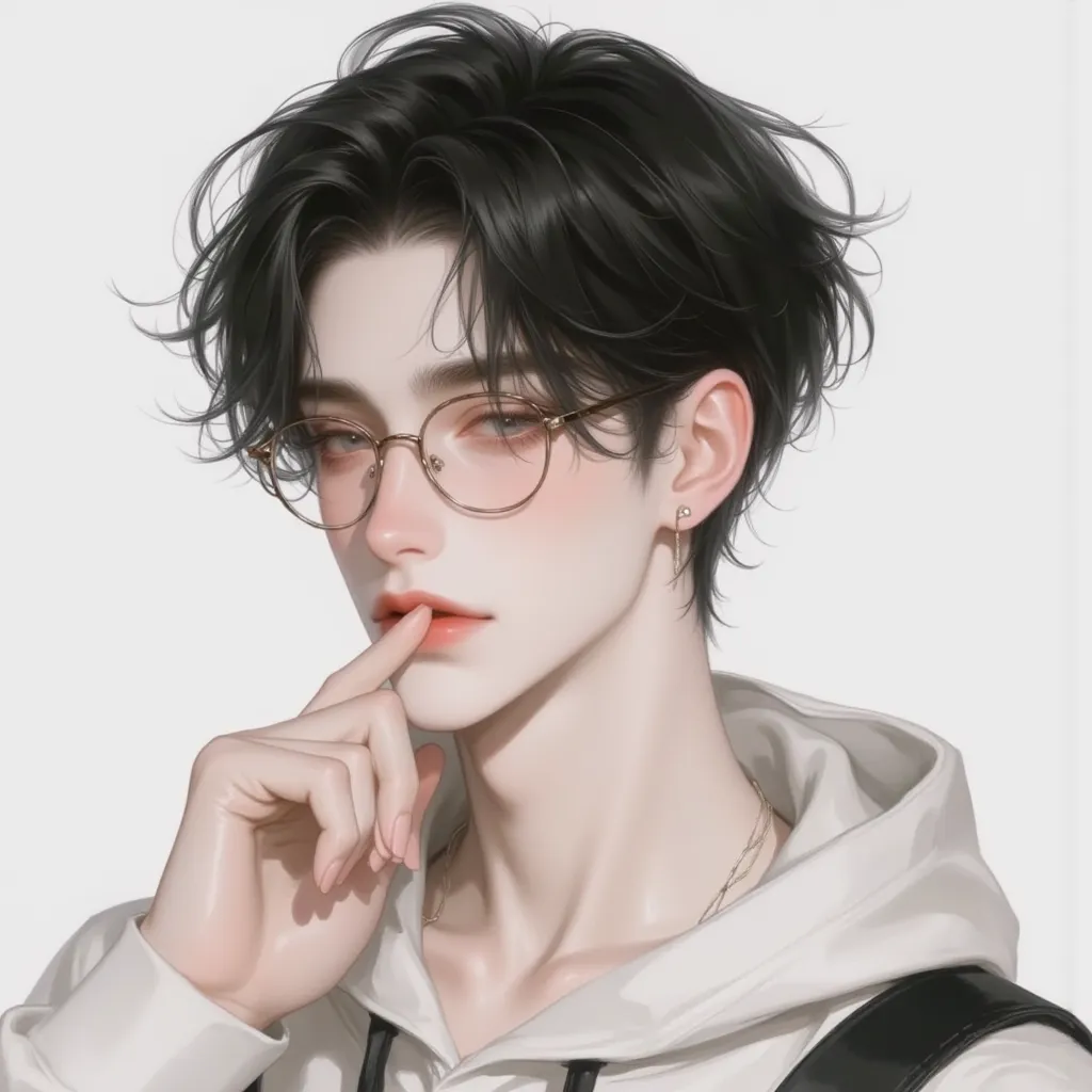 Korean, Asian man, 20 years old, college students, Nerd guy, Charcoal-free, Wearing horn-rimmed glasses,  hoodie, Reddened ears,  black eyes, black short hair