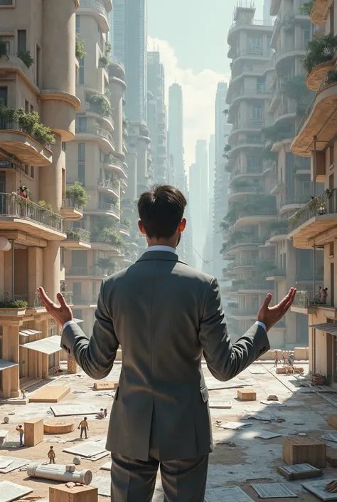 Architect with a house under construction and his assistants in the background
