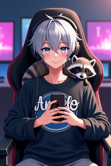 To a male anime-style character silver hair silver eyes a black Japanese-style sweater with the name Angelo with an Apple phone in his hands wireless gaming headphones sitting in a gamer chair with a raccoon on his shoulder and in the background a gamer ro...