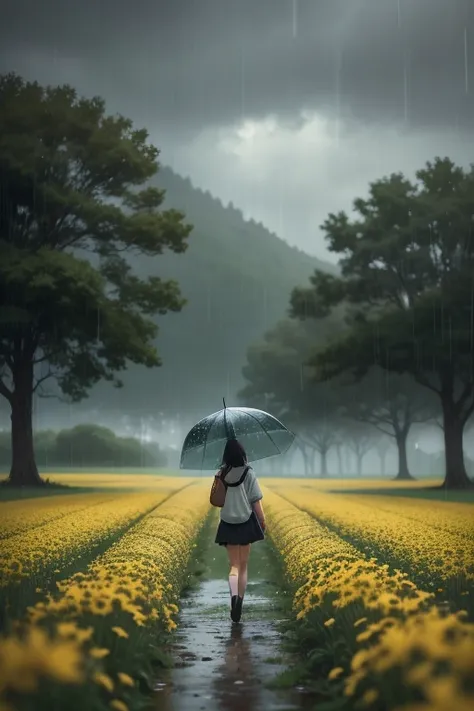  flower field, Rainy day, strong winds, anime artwork 