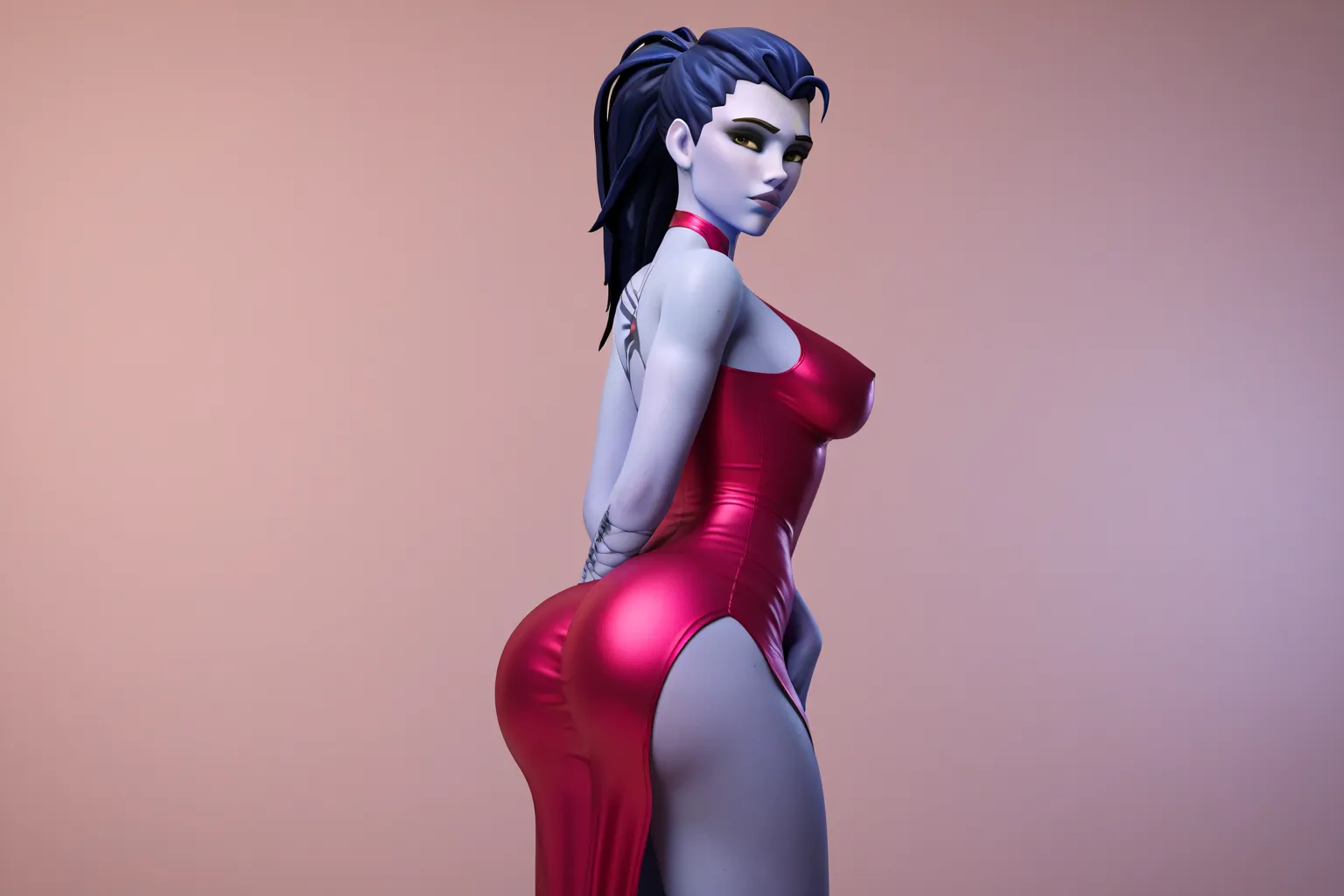 Widowmaker, in a sexy tight dress,  big booty, big breasts, athletic body. 