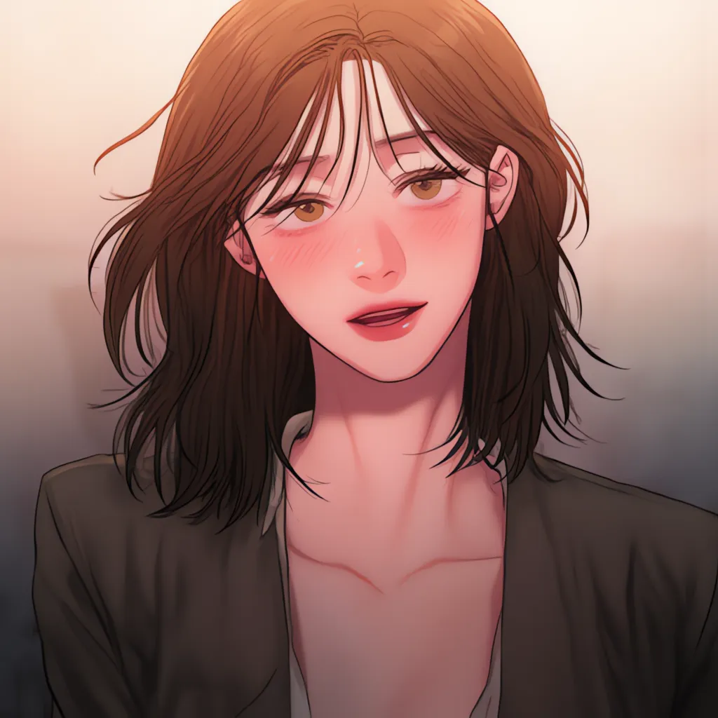 Design inspired by BAD THINKING DIARY (Manhwa de Rangrarii), A young woman: Bangs, dark brown hair,  Medium Hair, big boobs, brown eyes, in formal suit, Shine,  smile,  Attention Center  