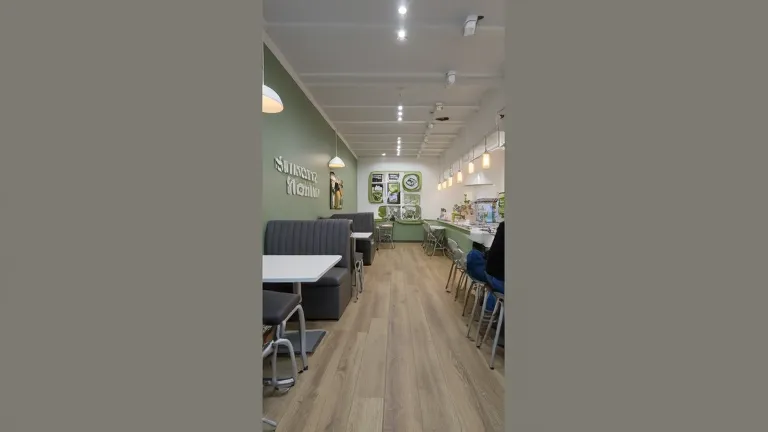 An updated interior design for a cafe in an eco-friendly style, reflecting the "Sport Menu" concept. The layout keeps the existing furniture arrangement as seen in the reference image, with booths along the green wall, tables with metal frames, and modern ...