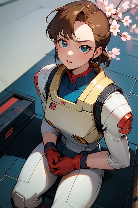 masterpiece, top quality, ultra detail,kinomoto sakura,  Gundam Wing cockpit taken from above,Serious girl ,face, brown short hair,face focus, sitting,Joystick,Seat belts, enamel shiny white and navy blue pilot suit, long boots, headset ,Looking up、笑faceｖ