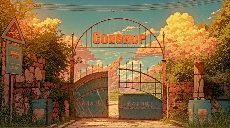 A beautifully detailed entrance gate to an old yet charming summer camp, bathed in the warm glow of midday sun. The metal archway stands tall with elegant, curved iron bars, displaying the camp’s name in a nostalgic, slightly worn-out font. The heavy, slig...