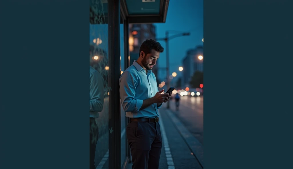 A office man watching mobile phone sitting in a bus stop waiting for a bus in a bus stand in night