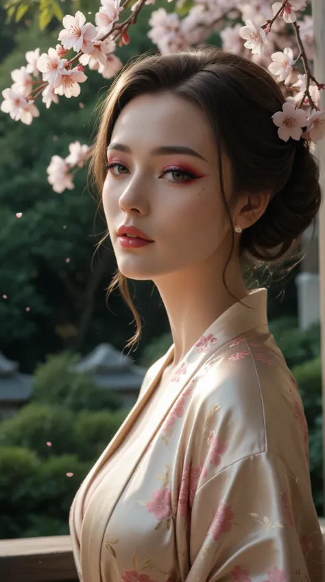 A breathtakingly beautiful Japanese woman in a luxurious silk kimono, delicate cherry blossoms falling around her, traditional yet modern beauty, soft natural lighting, cinematic composition, high-resolution, elegant hairstyle, subtle yet refined makeup, g...