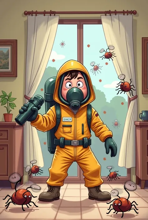 Fumigation killing insects in a cartoon with a bomb