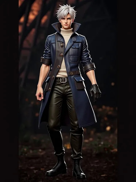 anime style,Secret Agent,Tall menacing man, fair skin,  voluminous and frizzy hair ,small beard threads, half-open eyes , Small glasses, blue and black military-style long leather jacket,  white sweater, Military fingerless glove holster, dark green milita...