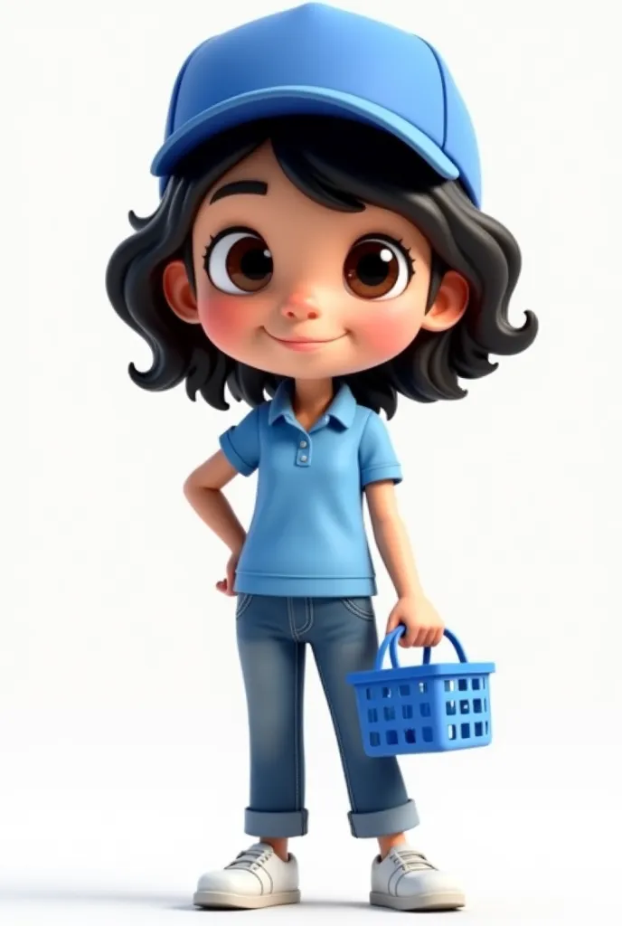 Create a white-eyed, brown-eyed animated character with a cute adult appearance, Wavy black hair, with a blue cap, blue polo collar blouse and white sneakers, Jeans pants, Holding a blue grocery basket. 