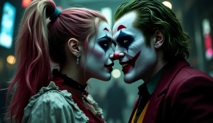 create a crazy image of the movie folie a deux with Harley Quinn and Joker together