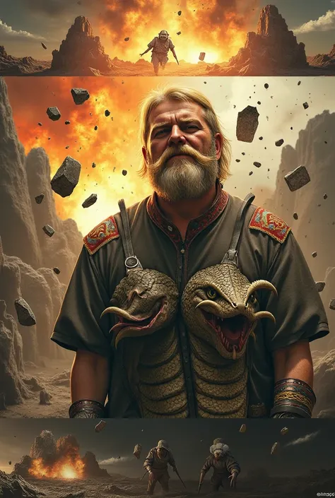 background: rock explosion, stones are flying to the sides. In the foreground, a blond man with a beard in national Russian clothes is strangling a reptile. The reptile has a face with a photo