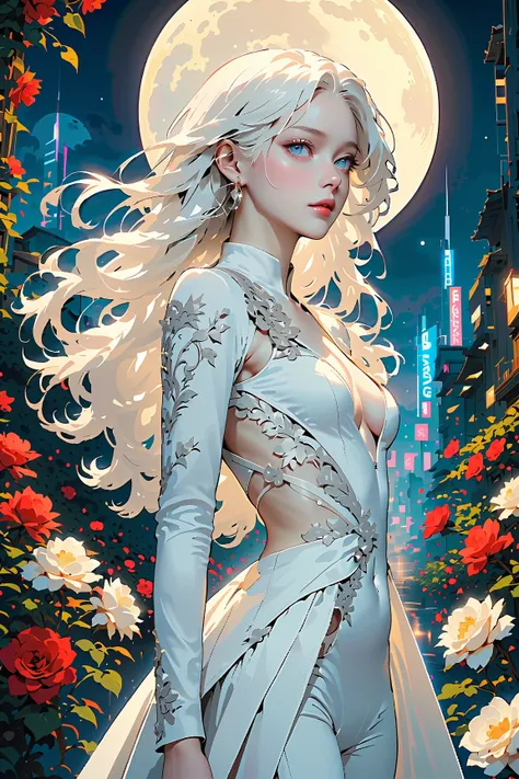  Masterpiece , best quality, (focus One), ( perfect face: 1.1), (high detail: 1.1),  Dramatic , (an alluring albino angel guy with long flowing pure white hair and piercing  white eyes), 1 person, (pale skin), long hair,  white eyes, One, long hair, moon, ...