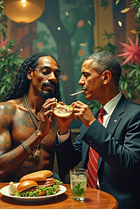 Snoop dogg with boobs eating a sandwich with Barrack Obama smoking weed 