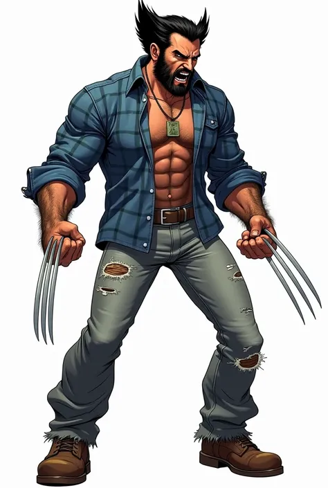 Side view of marvels logan wolverine, military necklace, widow's peak slicked back hair with mutton chops, dirty blue gingham tartan buffalo plaid shirt, ripped  gray jeans, muscular wide shoulder,  hairy forearms, brown leather shoes shoes, isolated on wh...