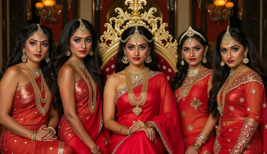 Full body photo of queen Jayaprada, She is sitting on a throne in her palace, She is wearing a red transparent saree and a sleeveless blouse, and exotic gold ornaments. She is accompanied by four of her assistants. All are looking at the viewer with a sedu...