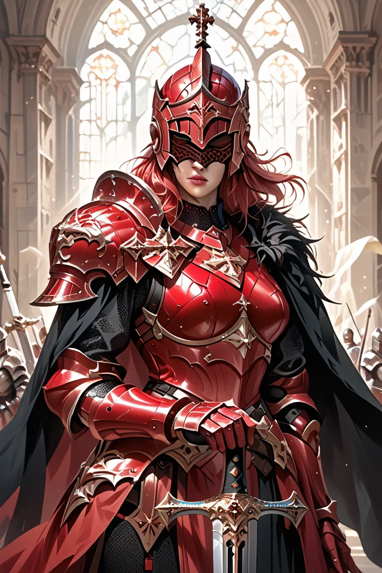 1 girl, armor, greatsword, crimson armor, plate armor, helmet, black fur, black feathers on helmet, crusader helmet, black cloak, magical sword, 