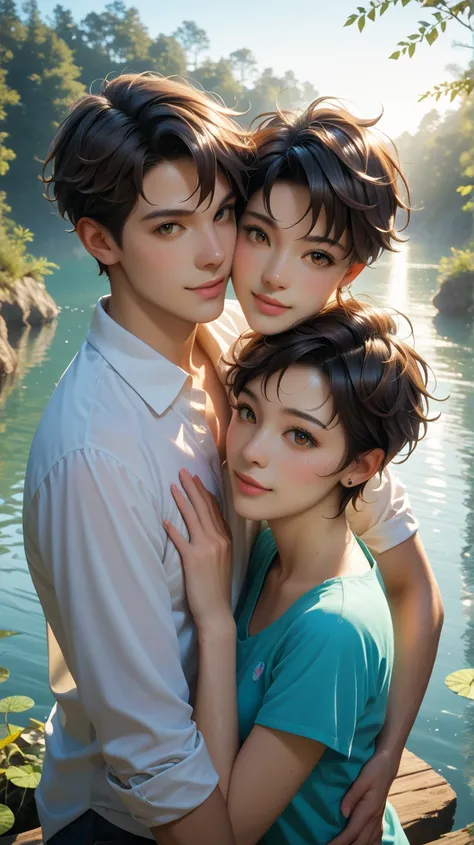 Two young male friends, one with Asian features and short dark hair, the other with Caucasian features and wavy blond hair, are standing on the shore of a tranquil lake. Their hands are gently clasped in a comfortable sign of companionship with the reflect...