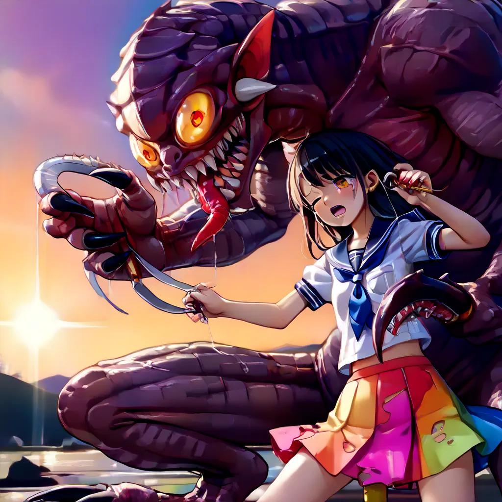  TOP QUALITY、((Ultra Fine Illustration)),(The girl&#39;s whole body is visible、 Anime Girl 、A monster is stabbing a girl with its claws:1.9), high definition,  Anime Girl 、cute、detailed skin texture with hair on back of hand, detailed fabric texture,   ext...