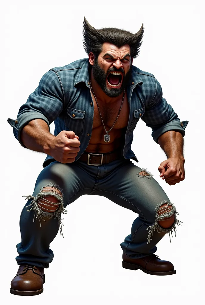 Side view of marvels logan wolverine, military necklace, widow's peak slicked back hair with mutton chops, dirty blue gingham tartan buffalo plaid shirt, ripped  gray jeans, muscular wide shoulder,  hairy forearms, brown leather shoes shoes, isolated on wh...