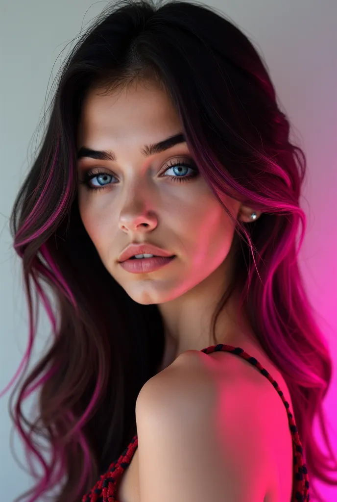 A beautiful realistic young woman looking 28 years old with long, layered hair with hot pink and white highlights. 