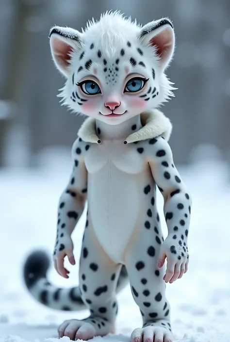 (A semi-human boy.)
(Traits: with snow leopard ears and tail) (your skin that has no fur) (You have scars all over your body) ( Her snow-white hair ) (her eyes are sky gray) (Landscape and posture: She is standing in the snow) ( Physical Complexion :  musc...