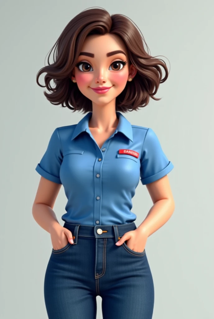 Make a real-life woman based on:
It has round eyes
Round face
Cachetona
Brown eyes
Curly and short hair straight to the shoulder
Robust eyebrow
Big lips
Small front
White skin tone
15-year-old ager
Blue uniform and blue jeans
Splenita Pero Poco