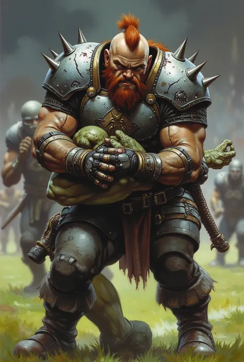 Draw a male dwarf football player, known as Thorgar "Ironfist" Stonehelm, in a dynamic and action-packed pose on the football pitch, tackling an orc player from the opposing team. Thorgar stands at 4'10" with a stocky, muscular physique. He has a Mohican r...