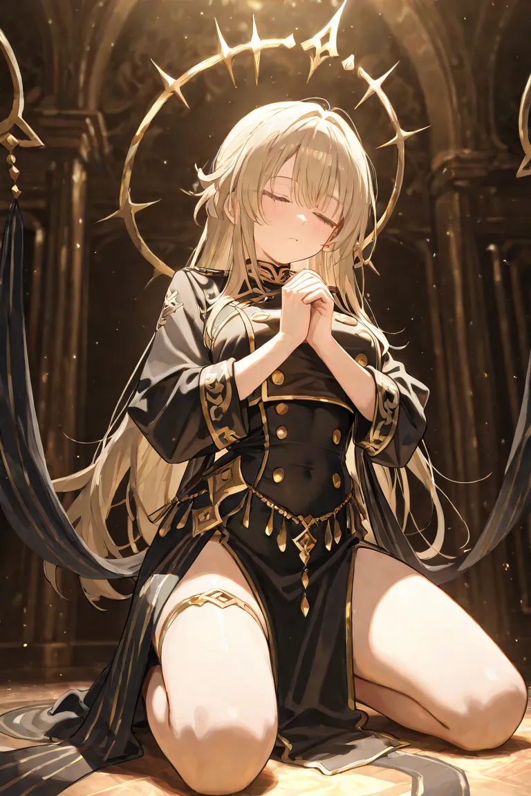 Big breasted dancer　　Close eyes　　Praying with hands together   Kneeling   Whole body