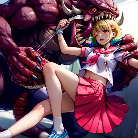  TOP QUALITY、((Ultra Fine Illustration)),(The girl&#39;s whole body is visible、 Anime Girl 、A monster is stabbing a girl with its claws:1.9), high definition,  Anime Girl 、cute、detailed skin texture with hair on back of hand, detailed fabric texture,   ext...