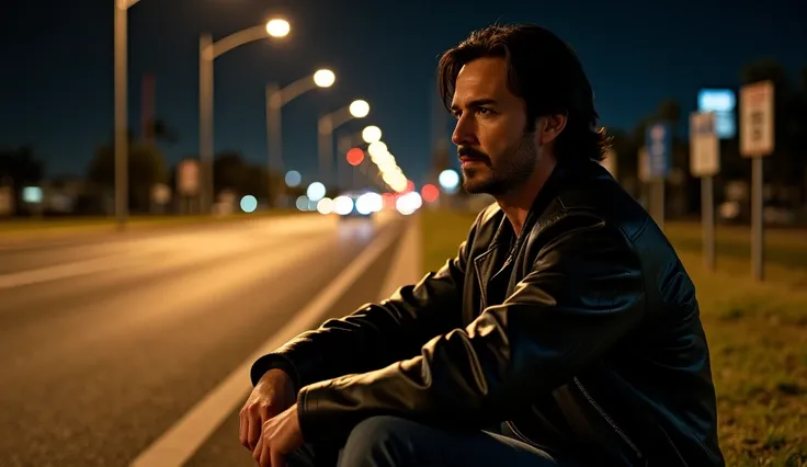 "Los Angeles at night, streetlights illuminate a deserted road. Keanu Reeves drives his Porsche 911. x} A homeless veteran is sitting on the side of the road — a man in a shabby army coat, with grey hair and tired eyes. In front of him lies a cardboard pla...