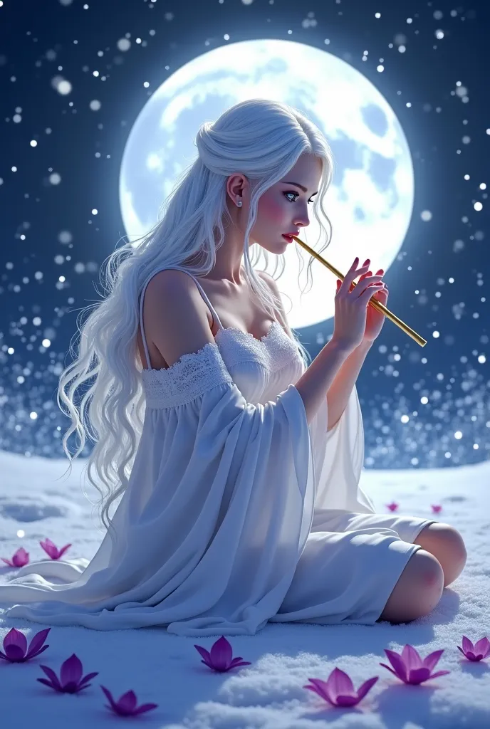 Create a  with wavy white hair and ice-blue eyes, She is sitting in the moonlight in the snow and playing a moon flute, purple flower leaves lying around her, Her dress is like night