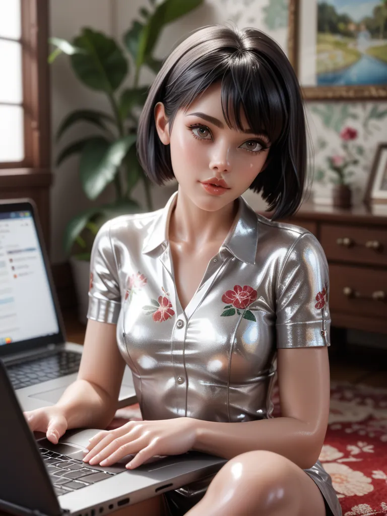 young girl, sitting on the floor at the computer in the apartment,  in an extremely tight , shiny silver latex polo shirt, bob cut, black hair,   very strong shiny skin, Floral pattern, 