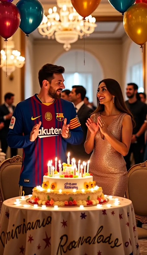 Lionel Messi, wearing a classic blue and red FC Barcelona jersey with the number 10, stands next to an elegant Georgina Rodríguez. They are in a grand, luxurious house with chandeliers, marble floors, and lavish decor. In front of them is a large table cov...