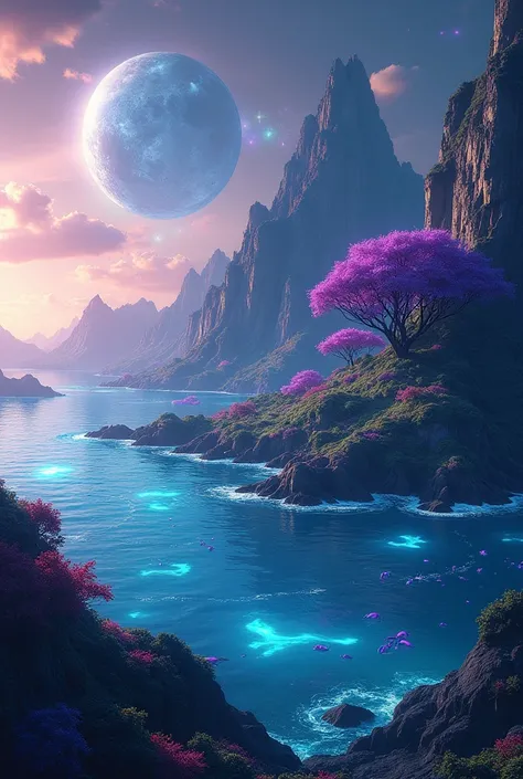 Create a planet with 85 percent water surface and two moons: forests emit shades of purple and green and blue.. Generate the image from outside the planet