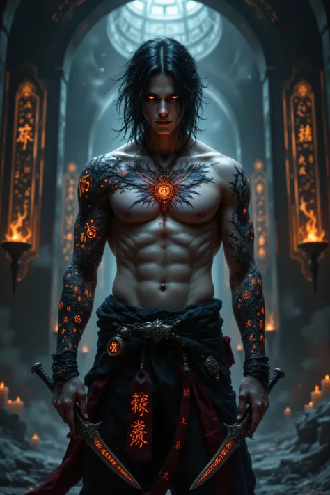 A hyper-realistic, highly detailed 4K full-body digital painting of a Japanese-inspired celestial vampire assassin standing in a dimly lit gothic sanctuary. His sharp, angular jawline, high cheekbones, and piercing fiery orange-red eyes radiate a chilling,...