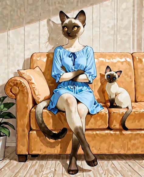 Adult female, anthropomorphic cat, Siamese cat, wearing ankle length skirt and blue blouse, arms crossed over her chest, lounging on couch