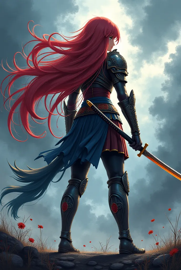 Draw an anime-style picture A warrior girl with 22 long hair is waiting for him