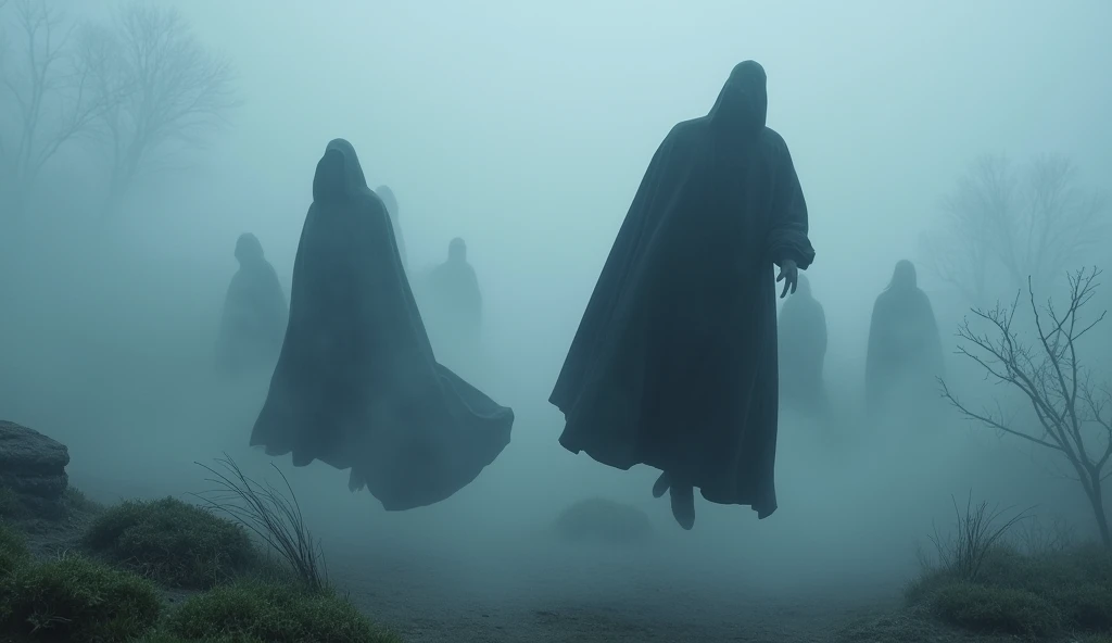 The dark wizards of Middle-earth are floating in the air among the mists 