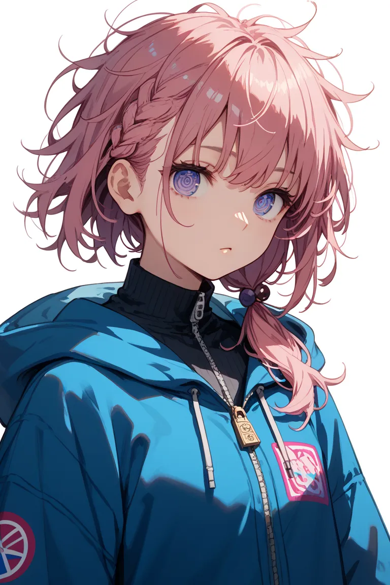 baroque,solo,sketch,messy hair,lone nape hair,white background,low ponytail,side ponytail,oversized clothes,arm down,zipper,black turtleneck,a girl,pink hair,medium hair,bangs,okappa,side braid,blue purple eyes,red pupils,ringed eyes,black inner,blue hoodi...