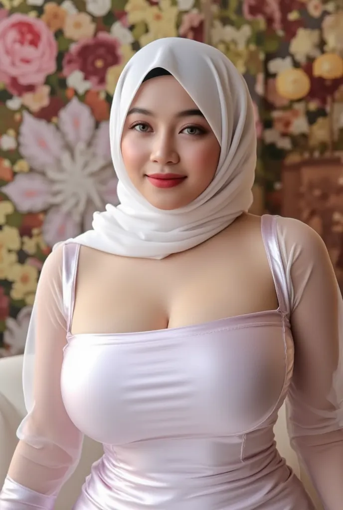 (Strapless dress), Chubby adorable, , (face to face), ************, baby face, happy, half body portrait, (face details: 1), (eye details: 1), ((big breasts)). wearing transparent transparency soft soft long shirt, ((memakai hijab putih)), .. Cute posed. p...