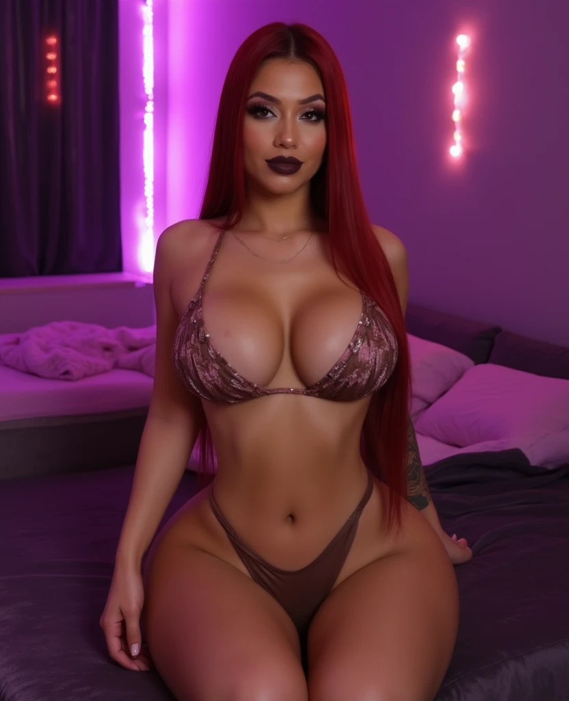 A young and attractive woman with fair skin and long, straight, red hair. She has large breasts, pink vagina and a curvy silhouette. Her makeup is striking, featuring black lipstick and winged eyeliner that accentuates her eyes, giving her a bold and seduc...