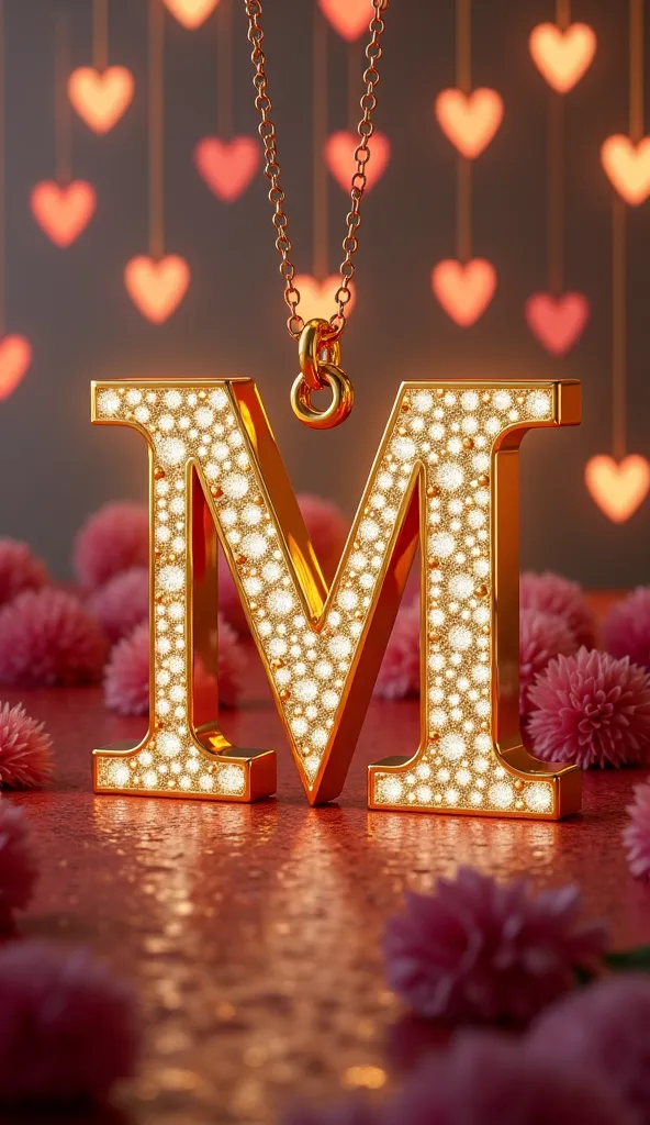 A gold pendant with a chain that has a heart of gold and diamonds hanging and in the center of the heart a letter m in gold and diamonds. In the background there are illuminated hearts. High resolution, 