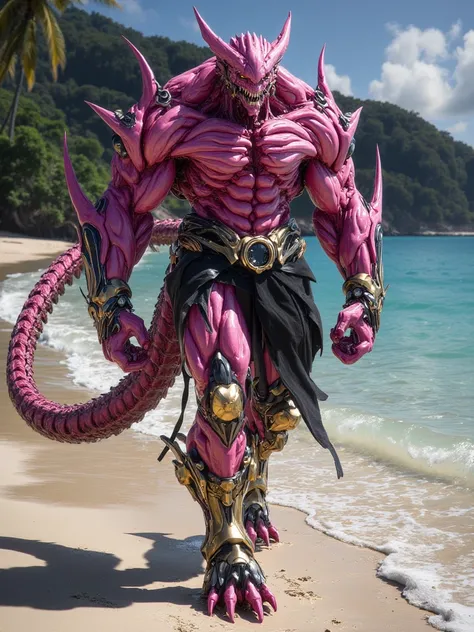 "A vibrant pink-skinned alien creature strides with an intimidating presence along a tropical beach, its muscular body radiating pure strength. Each step sinks lightly into the golden sand, leaving deep footprints that mark its determined advance. His inte...