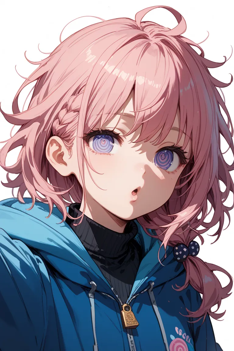 baroque,solo,sketch,messy hair,lone nape hair,white background,low ponytail,side ponytail,oversized clothes,arm down,zipper,black turtleneck,a girl,pink hair,medium hair,bangs,okappa,side braid,blue purple eyes,red pupils,ringed eyes,black inner,blue hoodi...