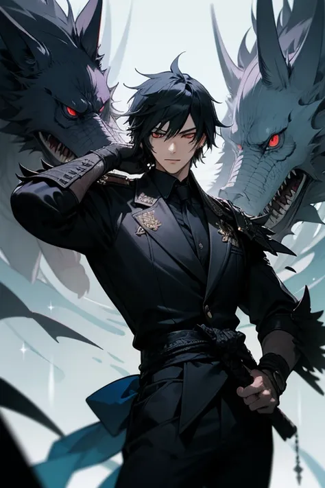 A 25-year-old handsome young man with a cold, piercing gaze. His striking red eyes with sharp, dragon-like pupils exude an air of mystery and intensity. His messy, layered black-blue hair, styled in natural spikes like Noctis from Final Fantasy XV, frames ...