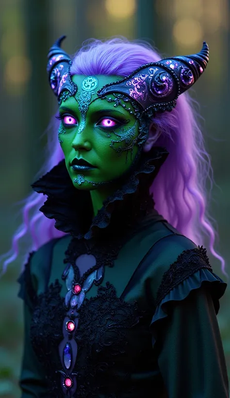 (best quality, 128k,highres,masterpiece:1.2),ultra-detailed,(realistic,photorealistic,photo-realistic:1.37), ((masterpiece)) ((photography)) ((Highest quality)) Mystical creature with retouched green skin, marked by bioluminescence, with violet-gold eyes a...