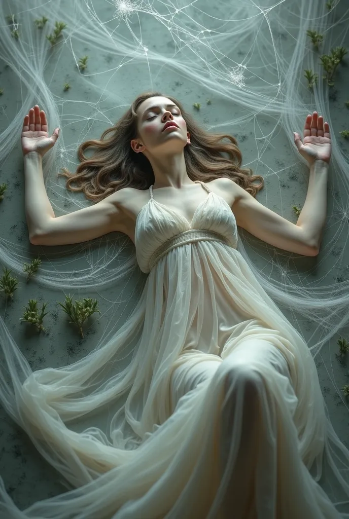 a woman with open arms lying back on her back wrapped in spider webs 
