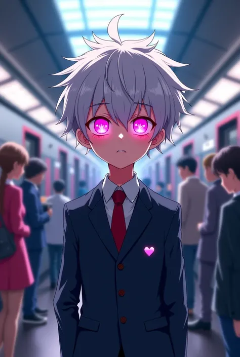 A yandere teenage boy with short messy white hair and pink eyes with hearts and a lovesick expression. In a train station. Anime style. 